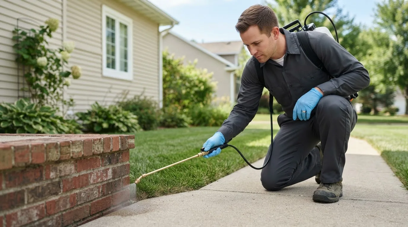 Pest control technician treating a home near Valencia, PA